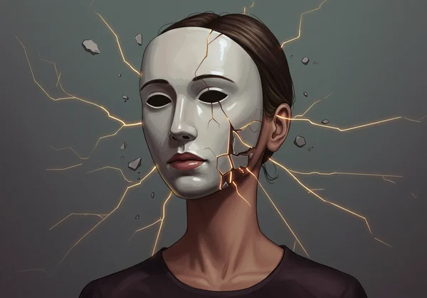 Woman wearing a composed mask, hiding inner struggle