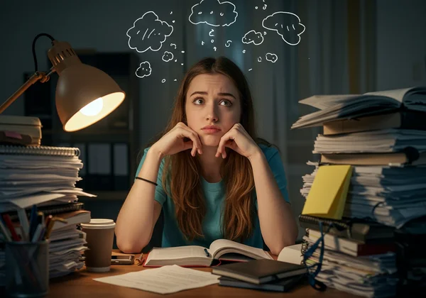 Woman overwhelmed by disorganized desk and scattered thoughts