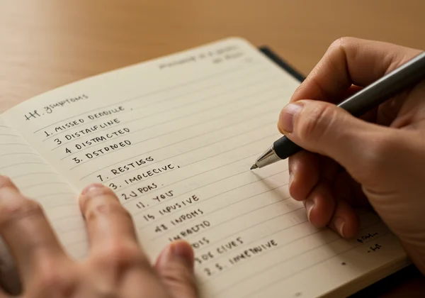 Hand writing ADHD symptoms in a daily journal.