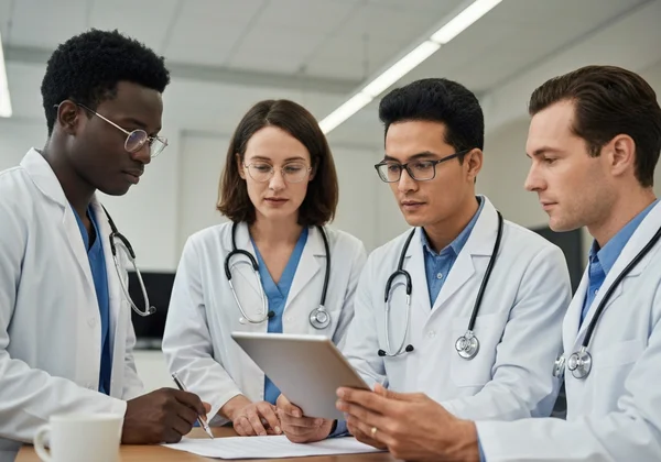 Diverse professionals discussing an ADHD diagnostic evaluation.