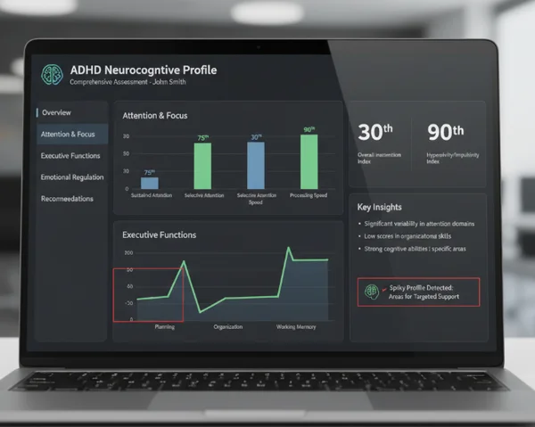 ADHD assessment report with scores and graphs